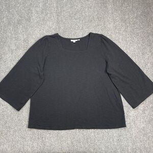 Chicos Top Womens XL Square Neck Flare Sleeve Textured Cotton Modal Tee Black